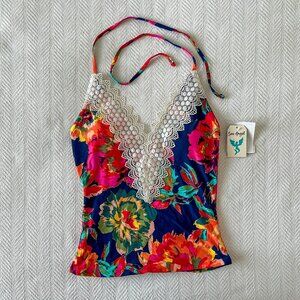 Sea Angel Tankini Top Swimsuit Lace Trim Floral M NWT